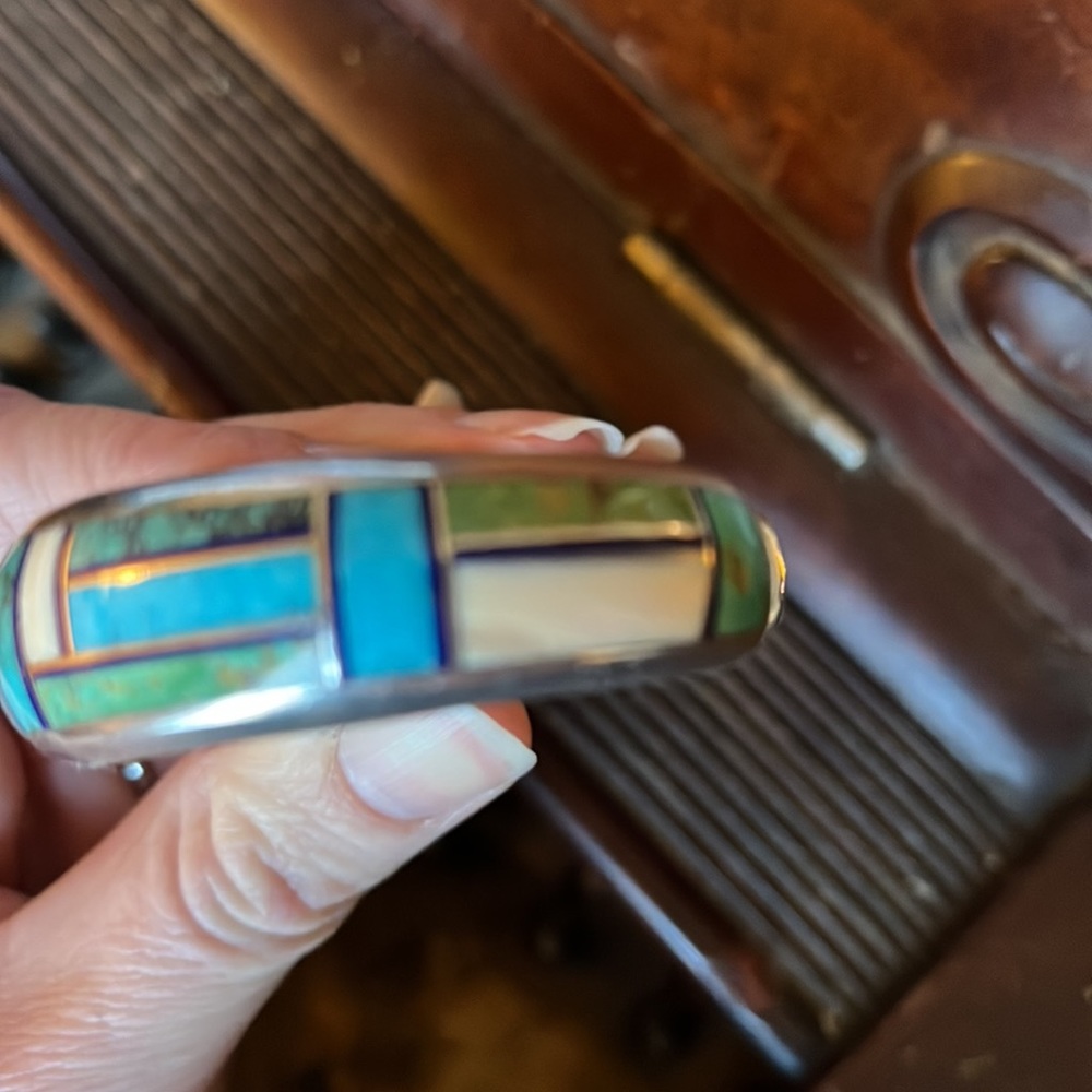 Vintage Native American Navajo Aaron Toadlena Turquoise Silver Inlay Bracelet - Picture 14 of 17
